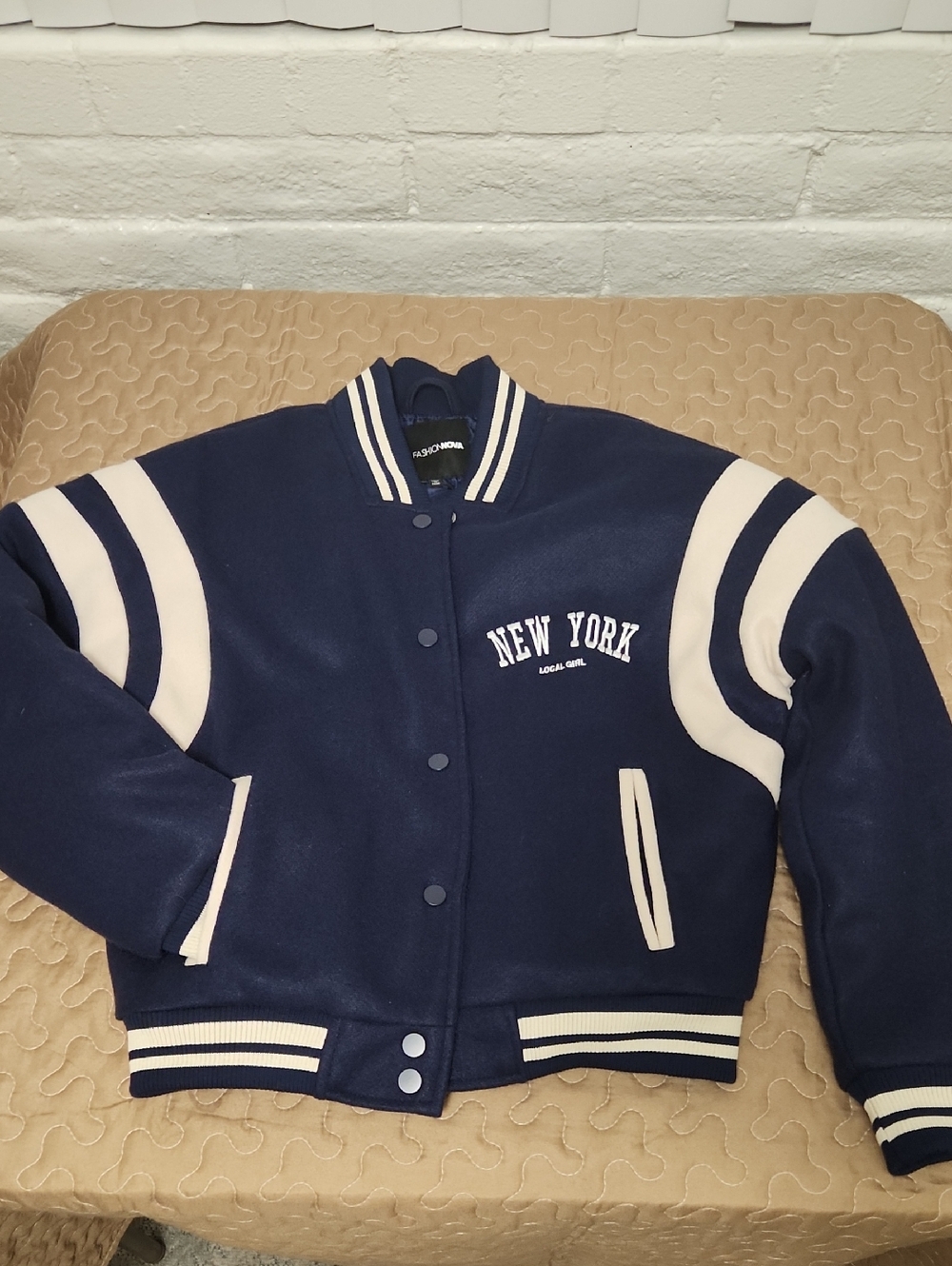 Fashion Nova Navy and Cream Quilted Varsity Jacket